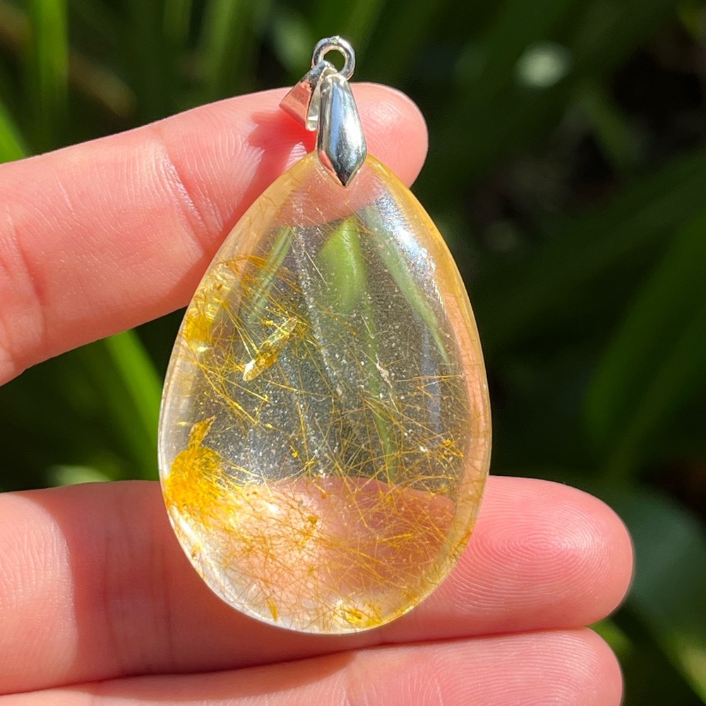 Sterling silver large teardrop golden rutilated quartz with golden mica 0703